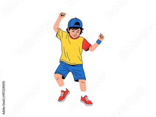 Young boy in yellow shirt and blue shorts dancing energetically.