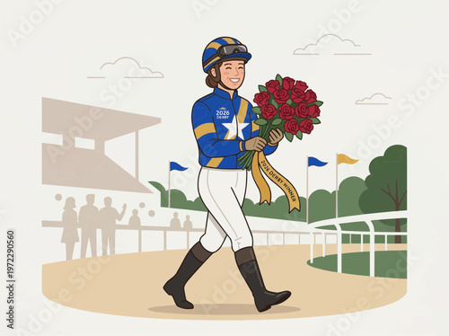 Victorious jockey holding a bouquet of red roses, smiles in winning celebration after the race 