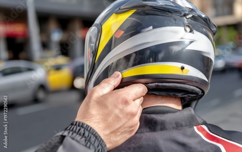 Motorcycle Taxi Driver Adjusting Helmet with QR Code Visibility