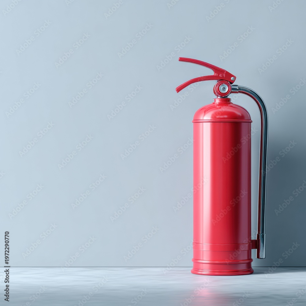 Fototapeta premium The 3D rendered fire extinguisher shows a shiny red cylinder with a nozzle, positioned on a white background illuminated by a spotlight.