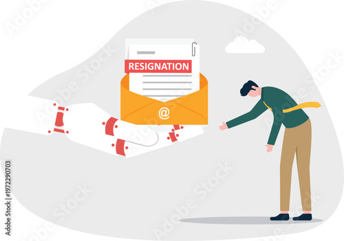Robot hand offering resignation letter to a sad professional
