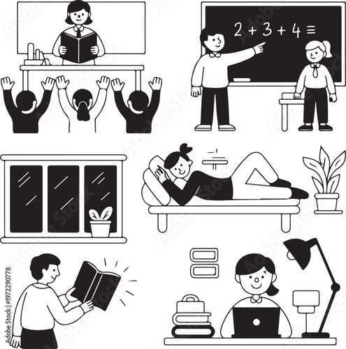 Illustrations depicting various learning and study scenarios in daily life.