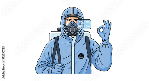 Safety professional wearing a full protective hazmat suit and respirator mask using advanced hud glasses for data monitoring.