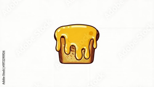 Flat vector illustration of a single slice of toasted golden brown bread with thick yellow melted cheese dripping down the front, isolated on a plain white background icon style.