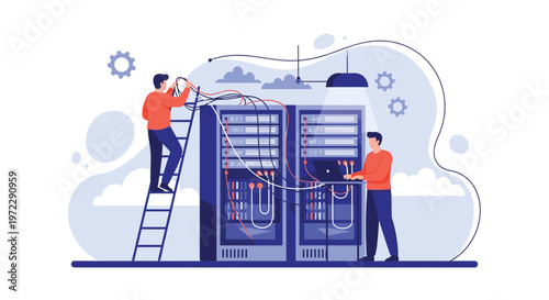 Information technology specialists managing data center server racks using laptops and organizing complex network cables.