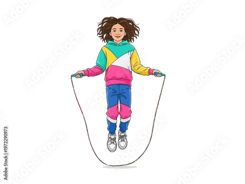 Young girl joyfully jumping rope in colorful athletic wear.