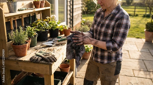 Woman cleaning muddy hands with a cloth at a rustic potting bench in a sunny backyard, representing sustainable gardening concept and a fulfilling hobby during golden hour