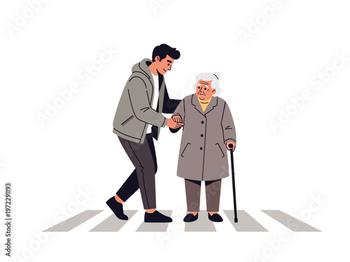 Young man helps elderly woman cross the street safely.