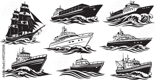 Collection of various ships and boats on wavy water illustrations