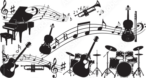 Musical instruments and notes in black and white illustration style