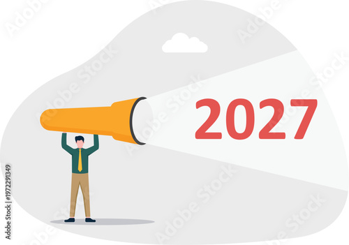 Professional looking through a telescope at the year 2027