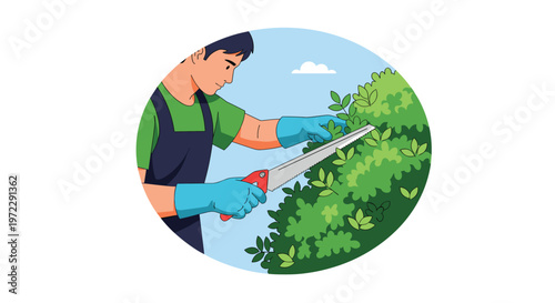 Dedicated gardener wearing gloves and an apron carefully trims a green garden hedge with a large hand saw in a peaceful backyard.