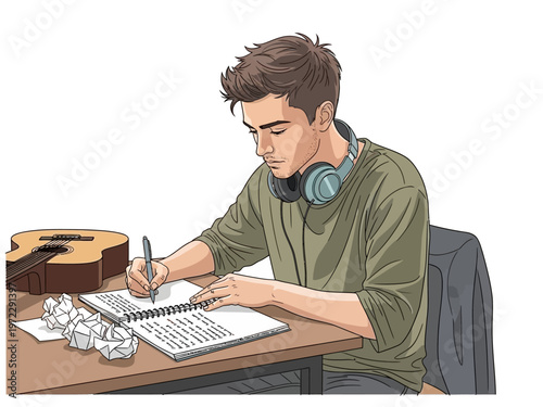 Young man writing in notebook with headphones on.
