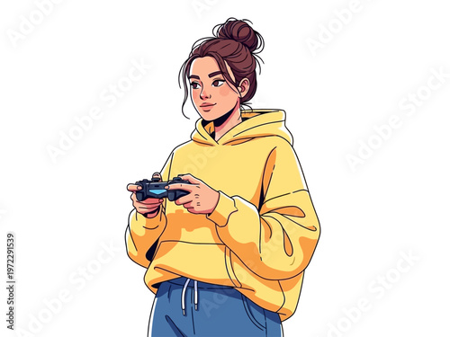 Young Woman Playing Video Games with Joypad.