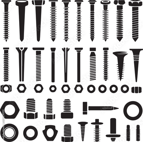 Comprehensive collection of various types of screws, bolts, and fasteners in black and white