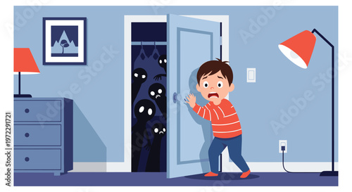 Terrified young boy in a striped sweater pushing his bedroom door shut as spooky shadow monsters peek from the closet.