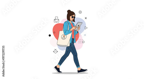Fashionable woman wearing sunglasses and a denim jacket walking while using her digital tablet against an abstract background.