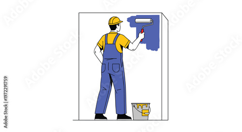 Professional painter wearing a yellow hard hat and blue overalls uses a roller to apply blue paint to a white wall.