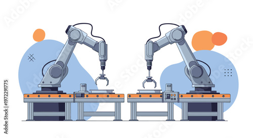 Two advanced industrial robotic arms working on an automated assembly line in a modern manufacturing facility.