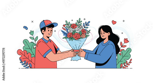Friendly delivery man in a red uniform handing a large colorful bouquet of roses to a happy woman at her doorstep.
