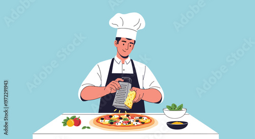 Skillful chef wearing a white hat and black apron grating fresh cheese over a delicious pizza with tomatoes and olives.