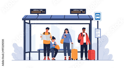 Diverse group of travelers waiting at a modern bus stop with luggage while checking schedules and using smartphones.