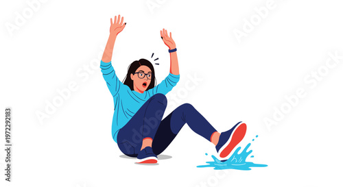 Surprised woman wearing glasses and a blue sweater losing her balance after slipping in a small water puddle on the ground.