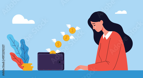 Sad woman crying while watching her money with wings fly out of her empty wallet representing financial loss and debt.