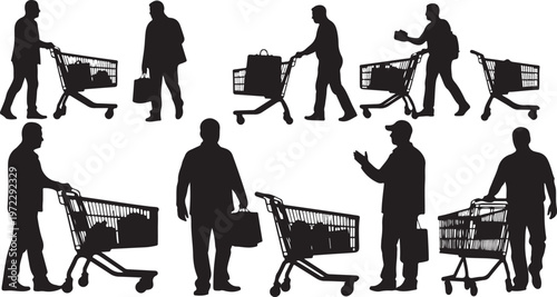 Silhouettes of people with shopping carts in various poses and actions