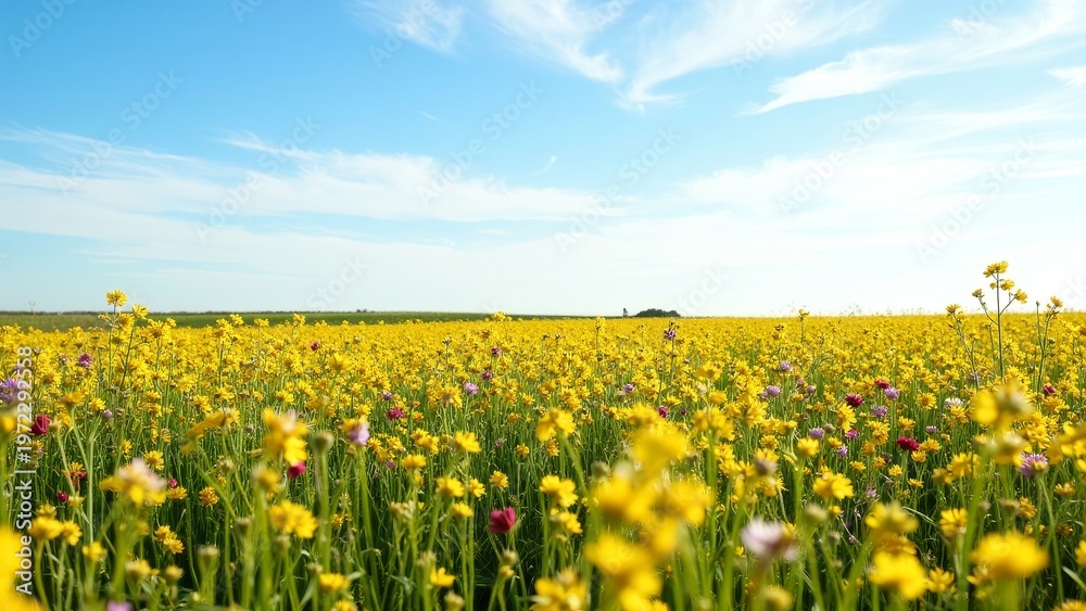 Fototapeta premium Blooming field of dandelions and flowers under blue sky