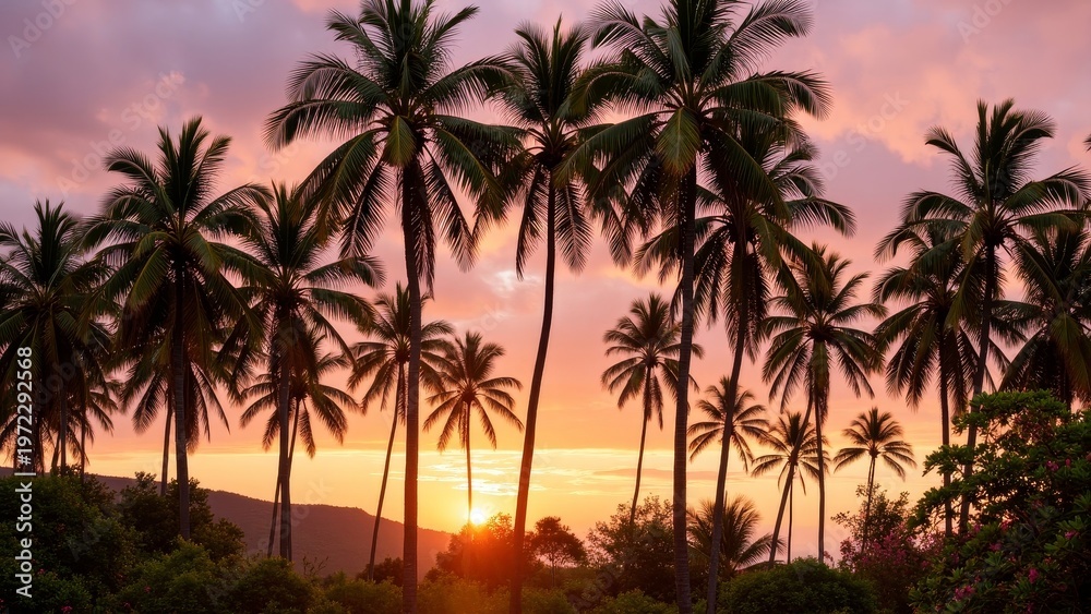 Obraz premium Sunset over lush tropical palm trees, possibly in Hawaii or South Pacific, warm evening on a beach with calm atmosphere.