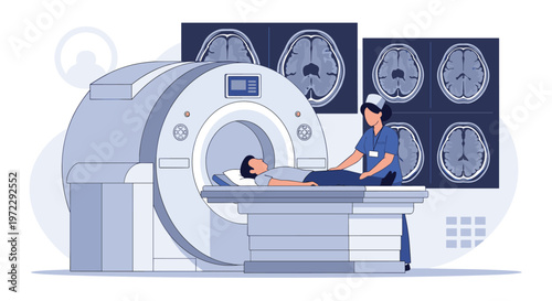 Professional medical technician monitoring a patient lying on a bed entering a large high tech mri machine for a brain scan.