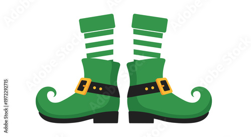 Traditional green leprechaun boots with striped socks representing festive spirit for St. Patrick's Day or Christmas.