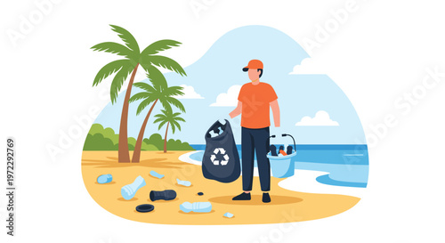 Dedicated volunteer collects plastic waste and garbage on a tropical beach to protect the ocean and marine environment.