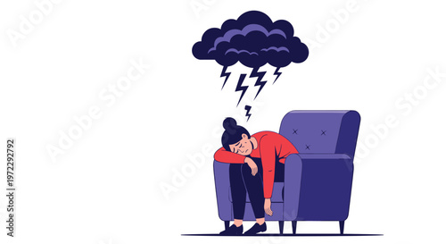 Depressed woman sits in an armchair under a dark lightning storm cloud representing mental health struggles and anxiety.