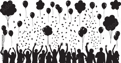 Silhouette of joyful crowd celebrating with balloons and confetti in air