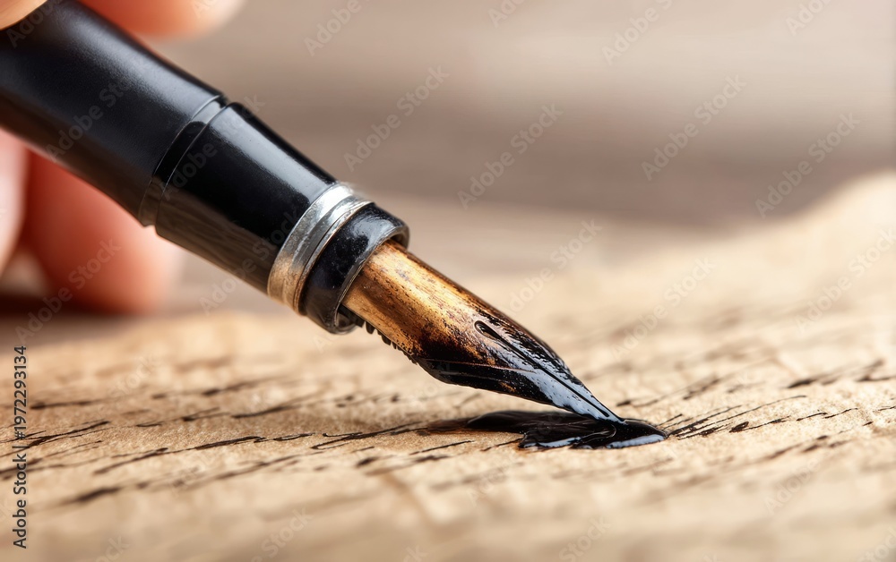 Naklejka premium Close-Up of Calligraphers Brush Tip Touching Texture on Wood Surface