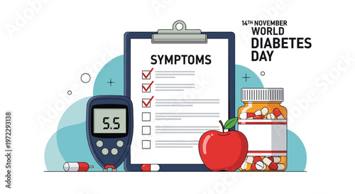 World Diabetes Day infographic featuring a symptom checklist blood sugar monitor medication pills and a healthy red apple.
