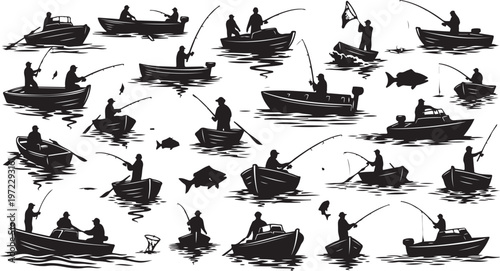 Black and white illustration of people fishing from small boats