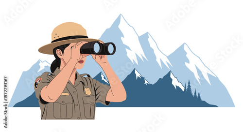 Female park ranger in uniform looks through binoculars at the scenic view of snow-capped mountains in the distance.