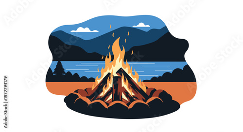 Warm campfire burns brightly at night on the shore of a peaceful mountain lake under a clear blue sky with stars.