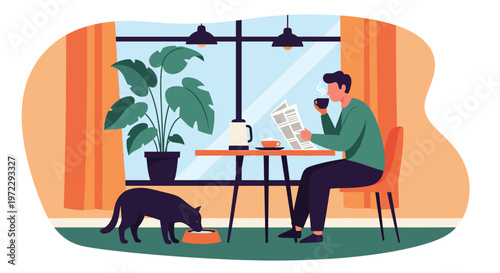 Relaxed man drinks hot coffee and reads the morning newspaper in a cozy sunlit room while his cat eats breakfast nearby.