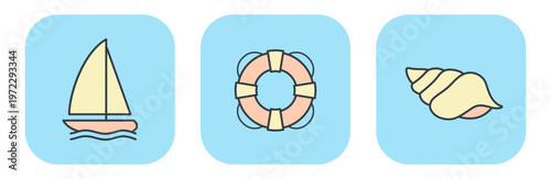 Set of three flat vector summer icons: sailing boat, lifebuoy, and seashell. Illustrations for vacation design