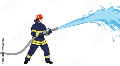 Brave firefighter in full protective gear and helmet uses a high-pressure fire hose to spray water on a large blaze.