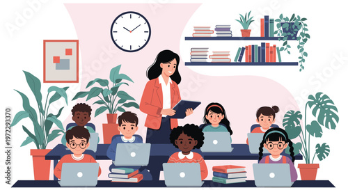 Diverse elementary school students using laptops for digital learning under the supervision of their female teacher.