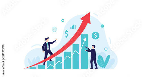 Business team celebrates rapid financial growth and success shown by a large red arrow rising on a bar chart.