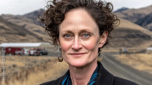 Portrait of a mature woman with curly hair and striking blue eyes smiling warmly against a rural landscape backdrop a symbol of resilience and natural beauty