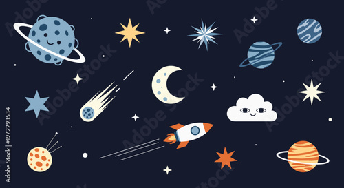 Playful space pattern with cute planets stars a rocket ship a comet and a smiling cloud on a dark cosmic night sky.