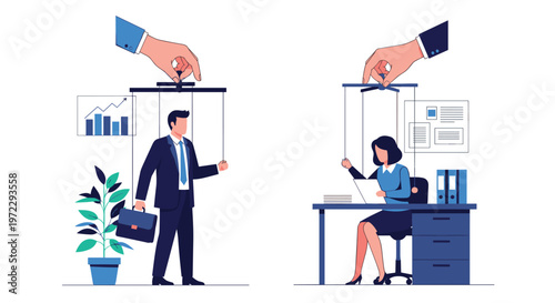 Conceptual illustration of business professionals being manipulated like puppets by giant hands representing corporate control.