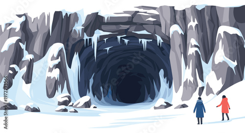 Two explorers stand at the entrance of a massive frozen ice cave in a snowy mountain wilderness under clear skies.